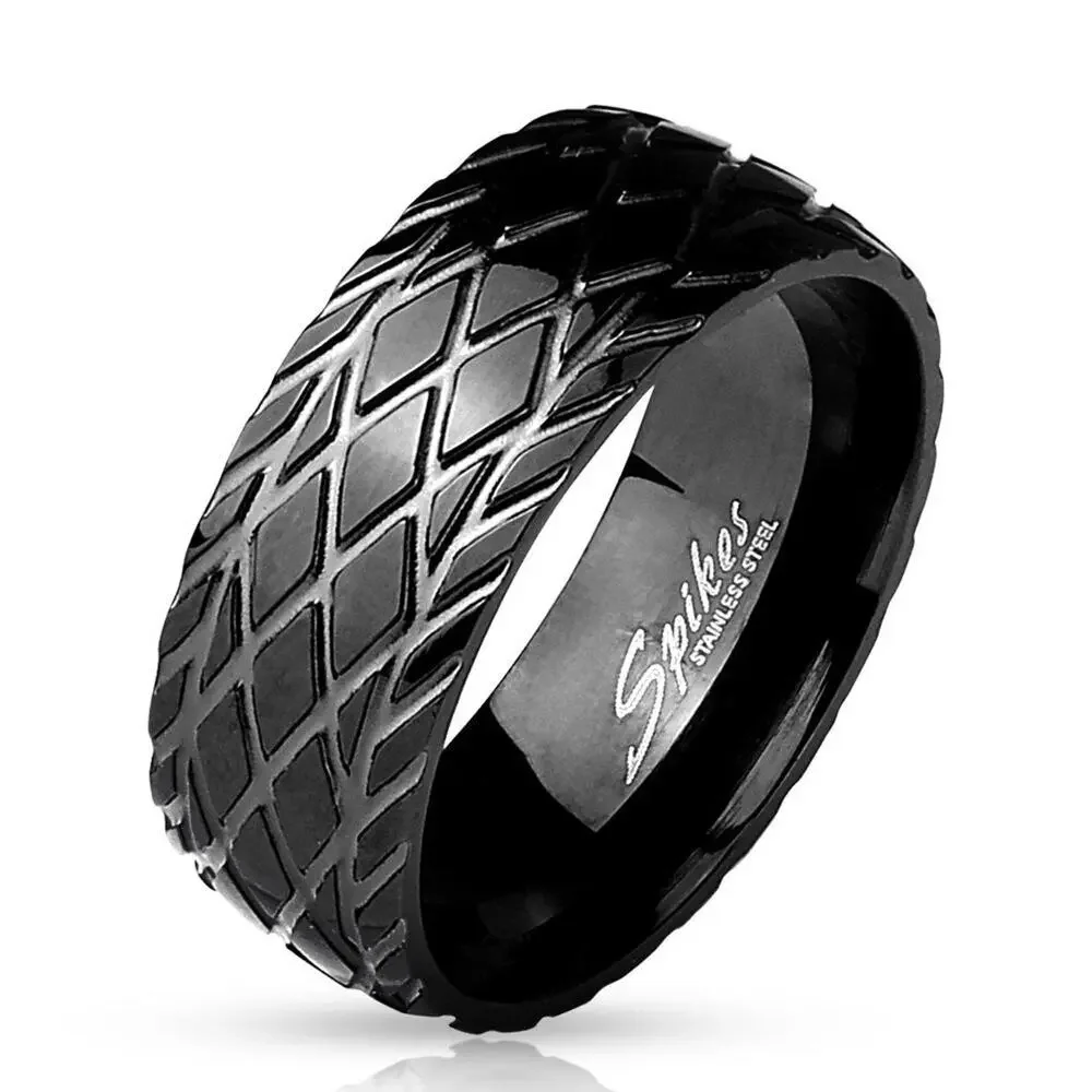 Diamond Cut Grooved Dome Black IP Stainless Steel Ring